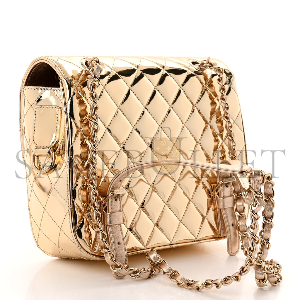 Ch*el mirror calfskin metallic calfskin quilted hollywood boulevard backpack with coin purse gold as4647 (20*15*6.5cm)